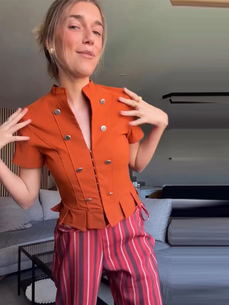 Short Sleeve Waist Cinching Ruffles Tops Women Elegant Stand Collar Single Breasted Pleaded Slim Thin Coats Chic Office Lady Top