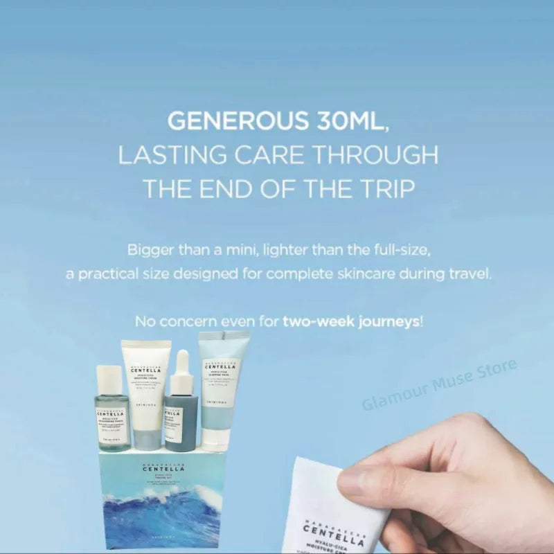 Centella HyaluCica Travel Kit,Brightening Toner, Blue Ampoule Serum,Night Sleeping Pack and Moisturizer Cream Skincare Mini Set CB DROPSHIPPING
