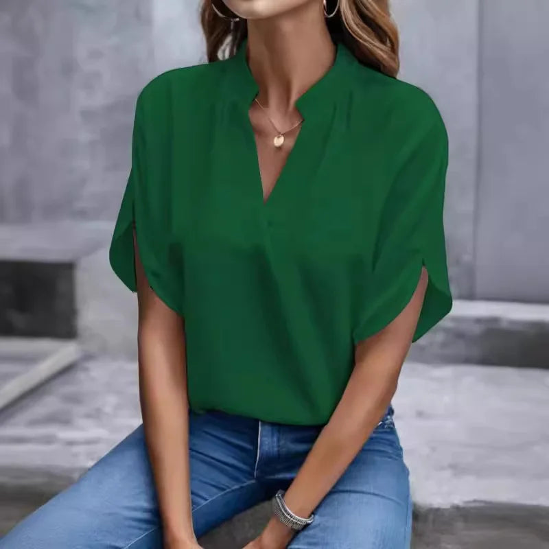 V Neck Short Sleeve Loose Blouse Women Casual Solid Color Top Office Lady Elegant Summer Shirt Plus Size Pullover Tops