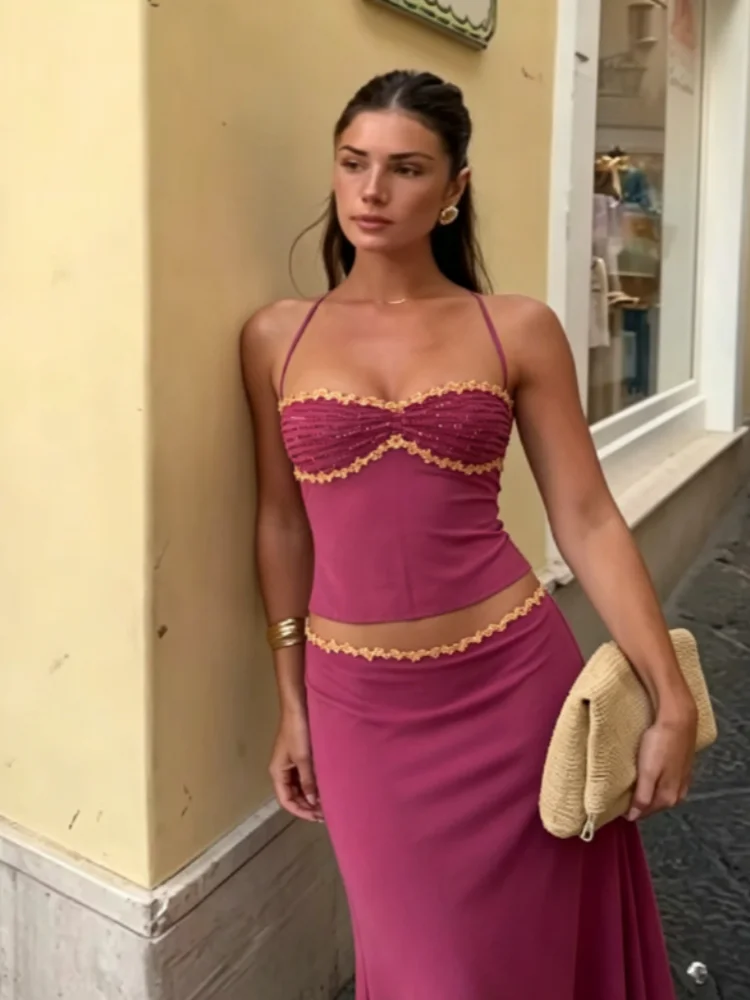 Chic Solid Color Matching Set Sequin Trim Cami Top Shinning Gold Trim Slim Fit Skirt Sexy Summer Vacation Party Club Outfit New