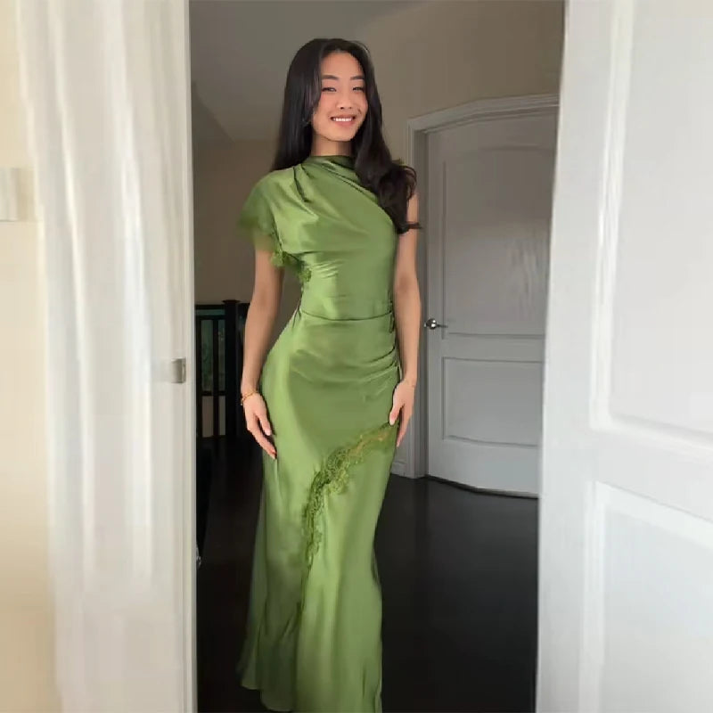 Women Elegant Green Satin Maxi Dress Lace Slit Asymmetric High Neck Draped One-sleeve Slim Fit Lgown Formal Evening Party Outfit