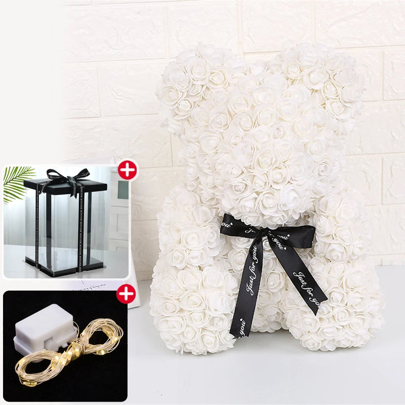 Rose Bear With Box Lights Valentine Gifts Decoration Artificial Flower Teddy Bear for Women/Girlfriend Love Flower Birthday Gift