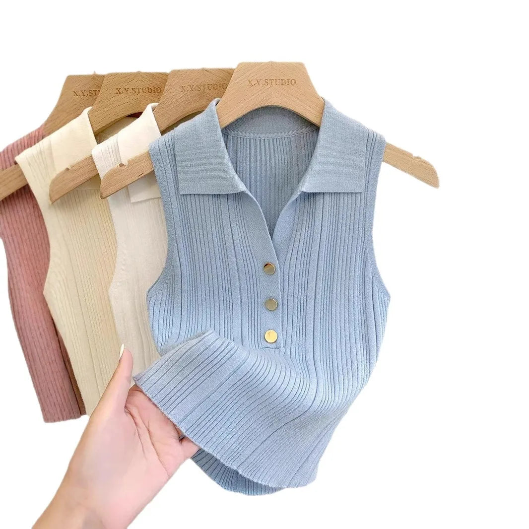 Summer Turn Down Collar Gold Button Slim Knitted Sweater Vests Elegant Knitwear Tank Tops BSTFSC-m1948