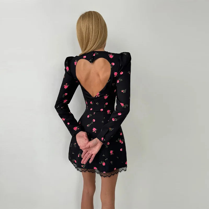 Chic Feminine Dress Floral Print Glamorous Vintage Lace Women Dresses Soft Elegant Stylish Sweet Date Casual Outfits