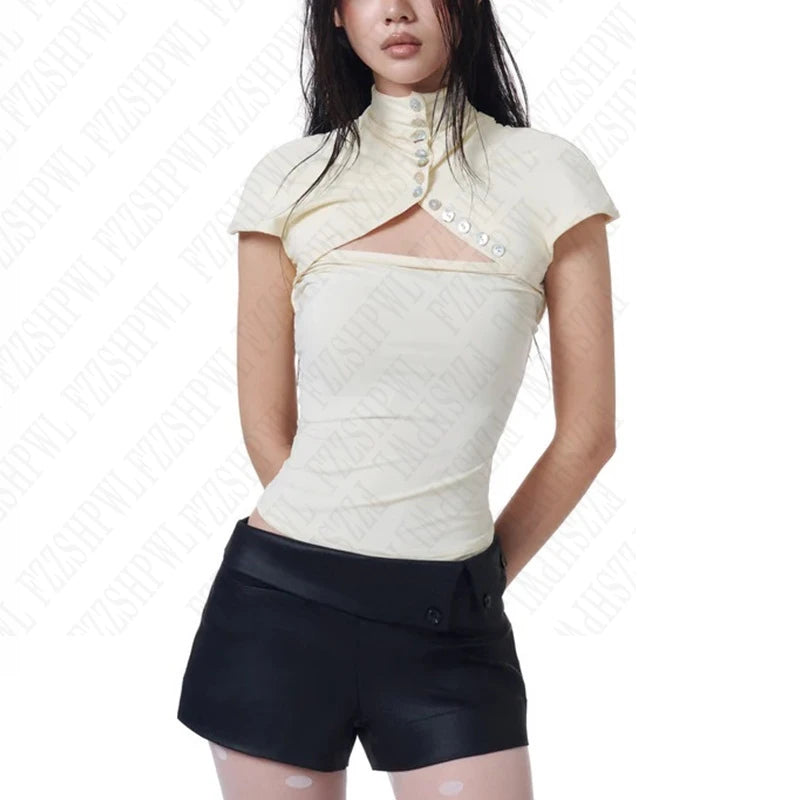 Fashionable American Retro Y2K Millennium Design Trendy Button-Down Short-Sleeved T-Shirt Top for Summer New Style Women's Shirt