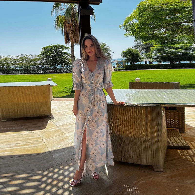 Print Chiffon Long Dress Women V Neck Half Sleeves High Waist Ruffles Belts Split Robe Female 2026 Summer Chic Vacation Dresses