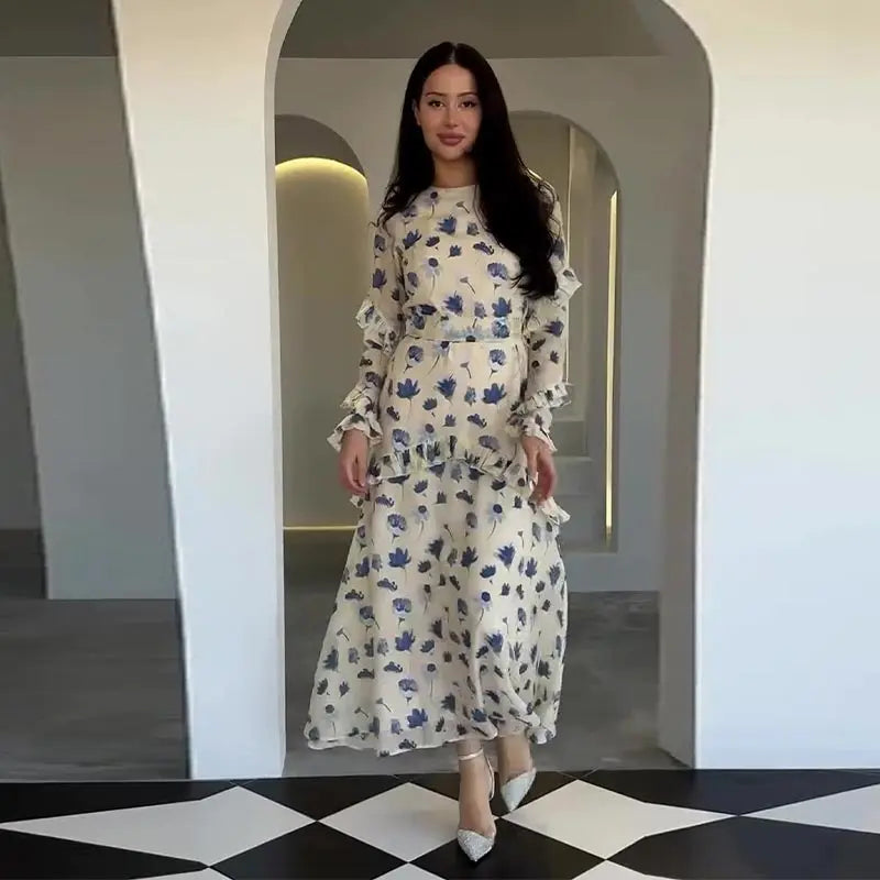 Print Chiffon Long Dress Women V Neck Half Sleeves High Waist Ruffles Belts Split Robe Female 2026 Summer Chic Vacation Dresses