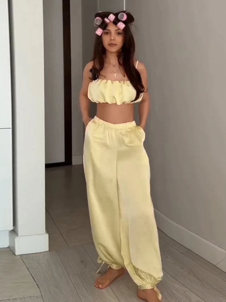 Women's Trousers 2 Pcs Suits Pleated Spaghetti Strap Cropped Tube Tops Elastic Waist Lace Up Pants Charming Ladies Partywear New