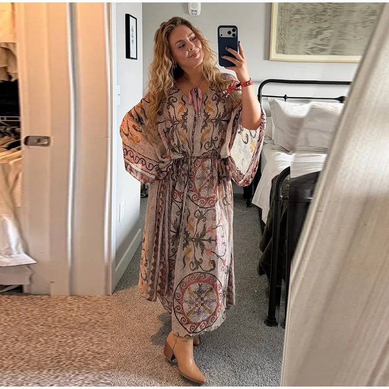 Women V Neck Vintage Vine Print Batwing Sleeve Maxi Dress Drawstring Waist Loose Flare Long Dress Mesh Texture Beach Vacation