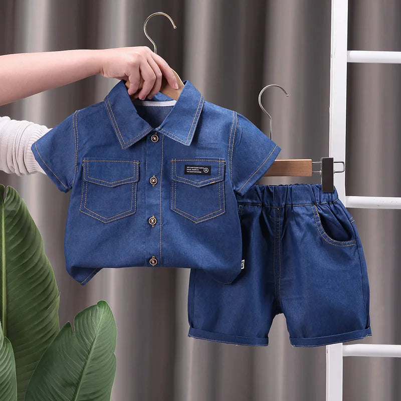 Summer Baby Boys Denim Clothes Suit Children Outfits Fashion Solid Shirt Shorts 2Pcs/Sets Toddler Casual Costume Kids Tracksuits CB DROPSHIPPING