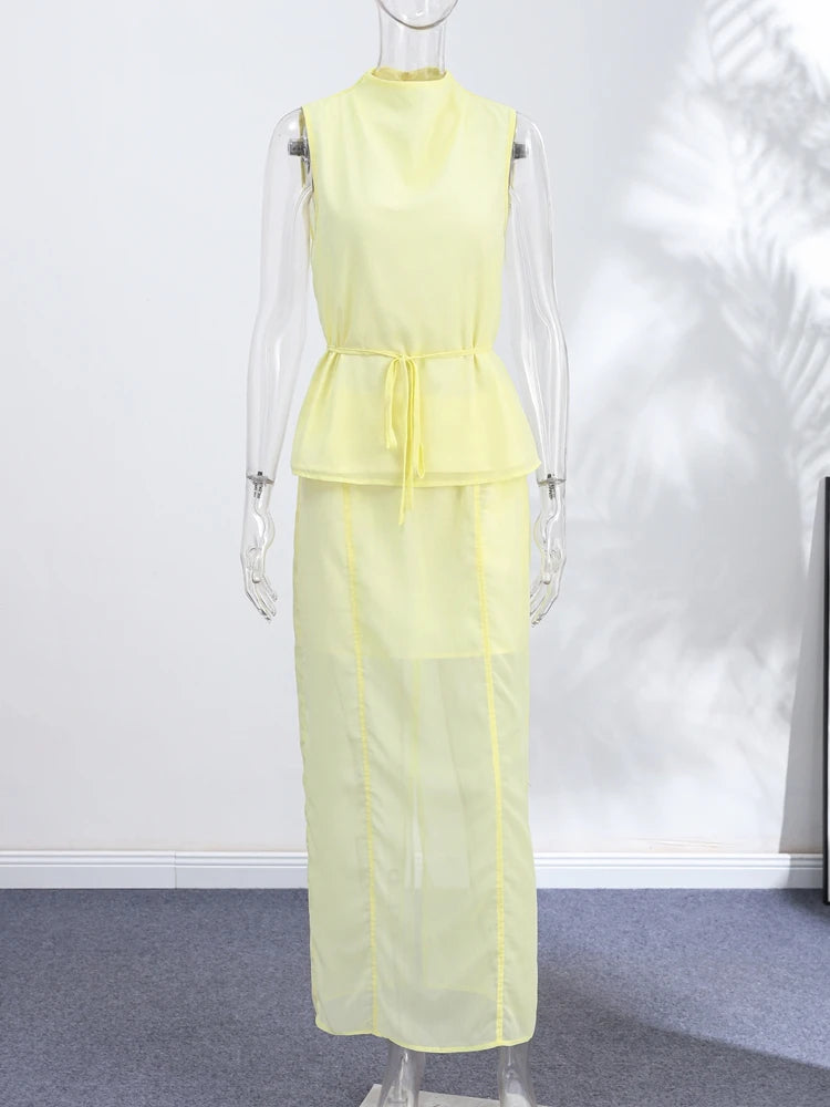 Casual Yellow Top Long Skirts Sets Women Sleeveless Lace Up Tops Straight Slit Skirt 2026 Summer Holiday Street Lady Solid Suits