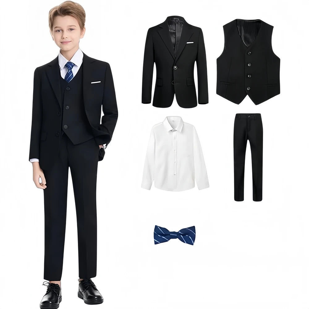 Notched Boy's Suit Set for Kids 3-14 Yrs, One Button Black Suit Jacket Vest Pants and T Shirt, Communion Tuxedo 4-Piece Suits CB DROPSHIPPING