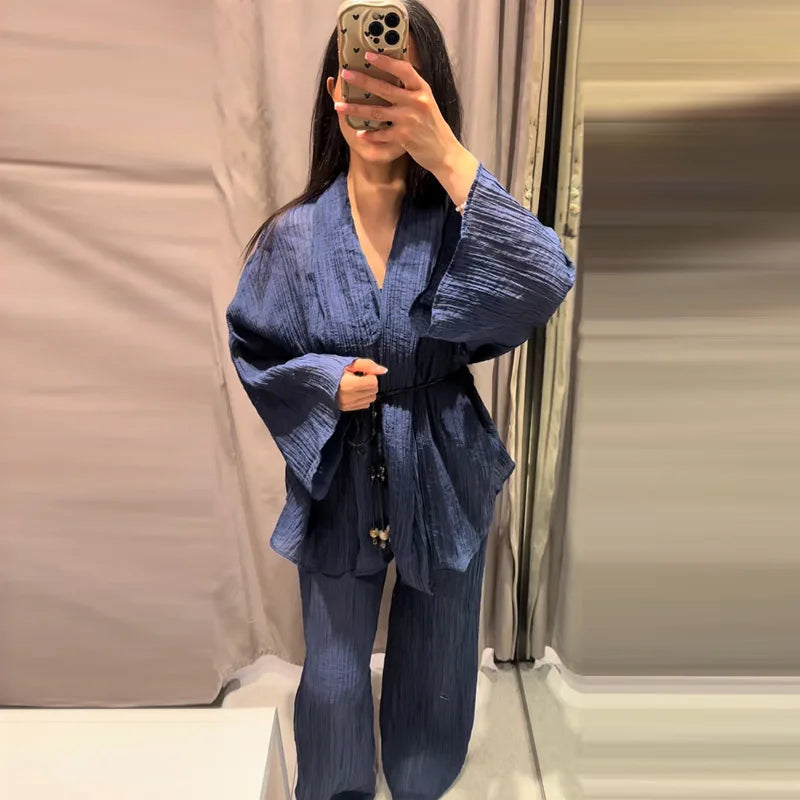 Fashion Stripe Long Pants Set Women Chic Lapel Single Breasted Shirt High Waist Wide Leg Trousers 2026 Spring New 2 Pcs Outfits