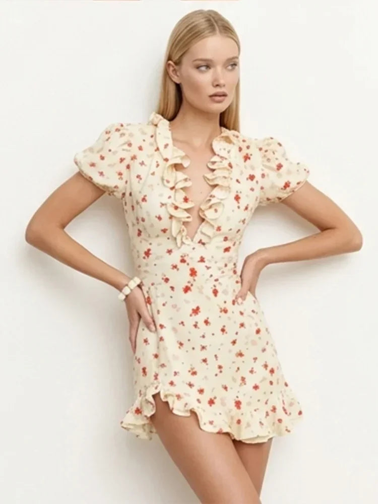 Women Elegant Printed Short Dress Chic V-neck Short Sleeve A-line Bodycon Mini Dresses 2026 Lady New Summer Vacation Street Robe