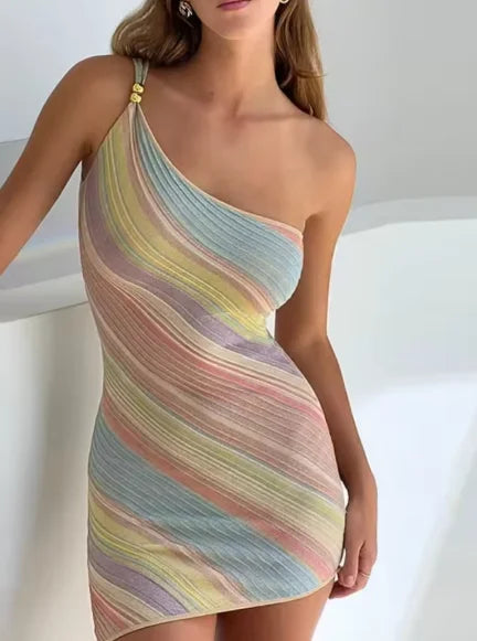 Color Blocked Knitted Long Dress Women Elegant Off Shoulder Corset High Split Vestidos 2026 Lady Daily Beach Vacation Wear New