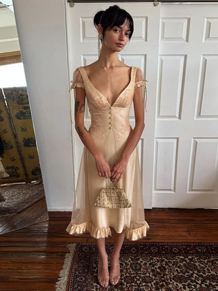 Women Mesh Midi Dress Vintage Dresses Deep V Neck Tie Strap Floral Ruffle Hem Wedding Guest Dress Elegant Outfit Woman Clothes