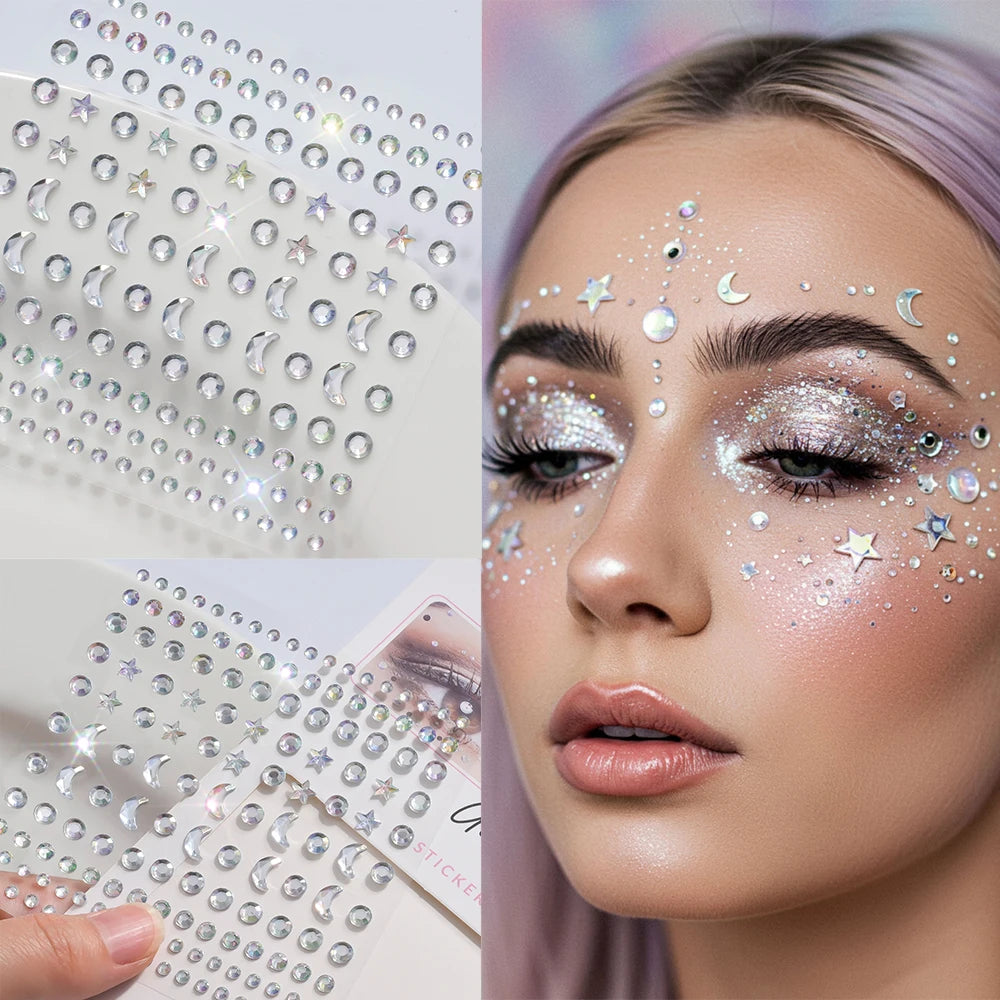 1pc 3D Y3K Silver Aurora Moon Star Face Gems Jewels Rhinestone Stickers Self Adhesive Crystal Makeup Diamonds Tattoos Decoration
