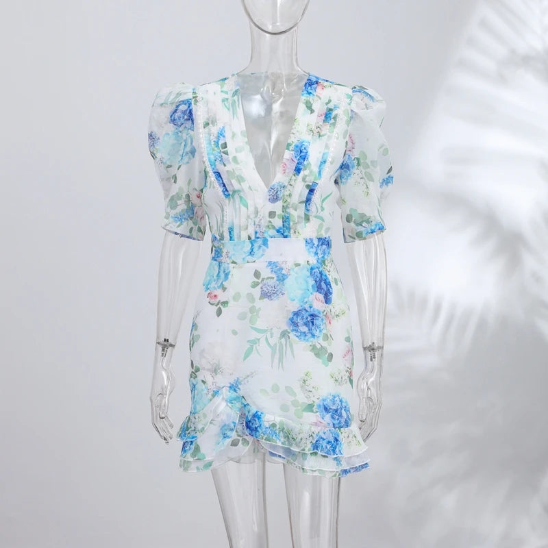 Print  Dress Women's Floral Satin Mini Dress Deep V-Neck Puff Sleeves Peplum Waistband Two-Piece Party Dresses Woman Clothes