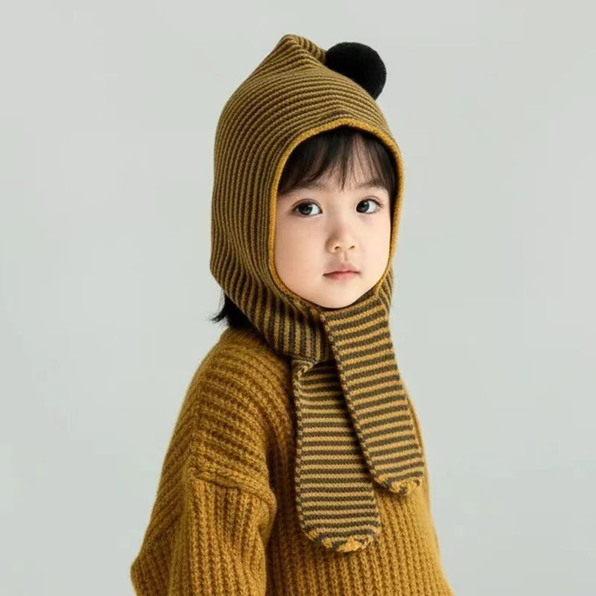 Korean Striped Baby Balaclava Hat Winter Knitted Hood Scarf Ear Protection Warm Bomber Cap Kids Boy Girl Beanies CB DROPSHIPPING