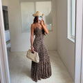 Vintage Chic Leopard Printed Sling Vestido Women Casual Backless Pleated Loose Fit Fold Spaghetti Strap Dress Vacation Beachwear