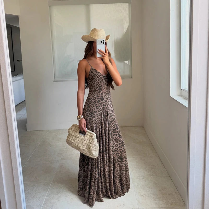 Vintage Chic Leopard Printed Sling Vestido Women Casual Backless Pleated Loose Fit Fold Spaghetti Strap Dress Vacation Beachwear