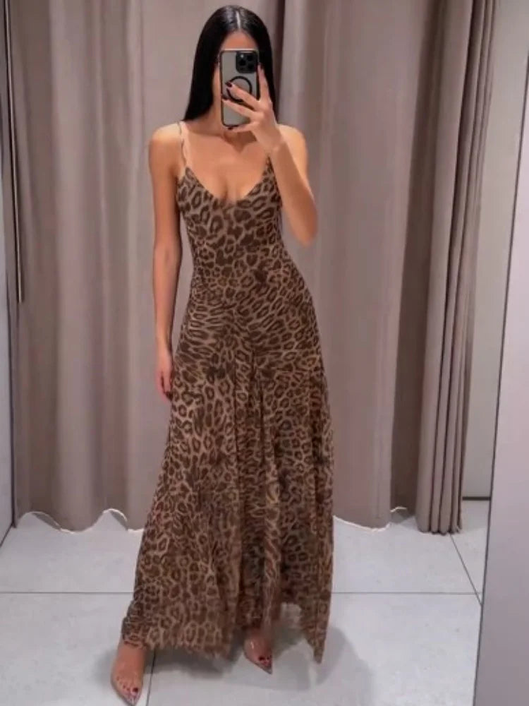 Vintage Chic Leopard Printed Sling Vestido Women Casual Backless Pleated Loose Fit Fold Spaghetti Strap Dress Vacation Beachwear
