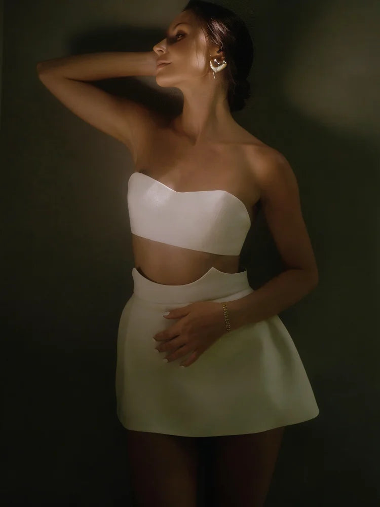 Minimalist White Design Mini Skirt Set Lady Sexy Strapless Backless Off Shoulder Slim Fit Vest Suit Summer Date Beach Party Wear