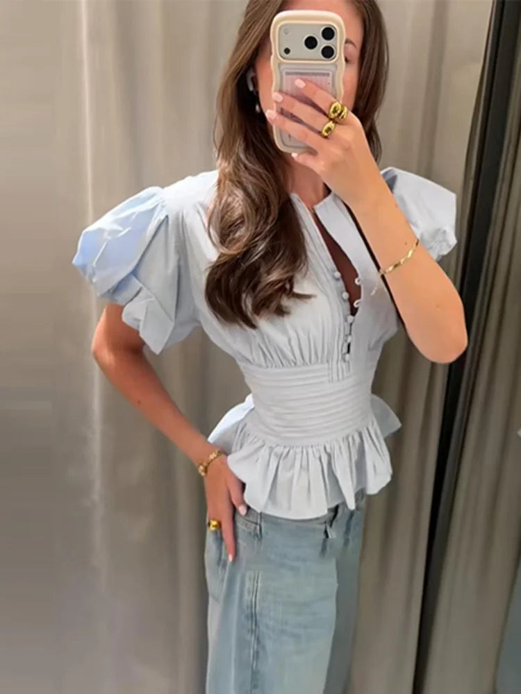 Women Round Neck Puff Sleeve Blouse Solid Lace Trim Asymmetrical Hem Slim Fit Shirt 2026 Spring Summer Chic Elegant Casual Top