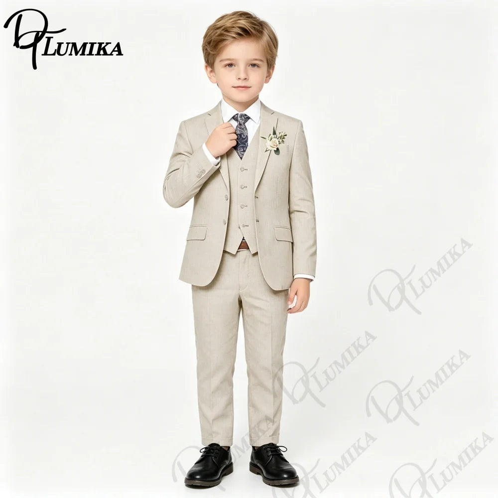 Handsome Linen Boys Suit 4-Piece Set with Floral Bow Tie 2026 Classic Formal Blazer Vest Pants for Ring Bearer Wedding Party CB DROPSHIPPING