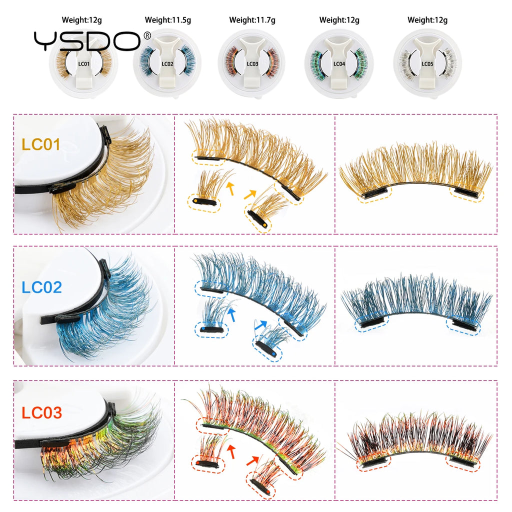 YSDO Colored Magnetic Eyelashes Natural Faux 3D Mink Lashes Reusable Makeup Party Cosplay Shiny Colorful Magnet False Lashes