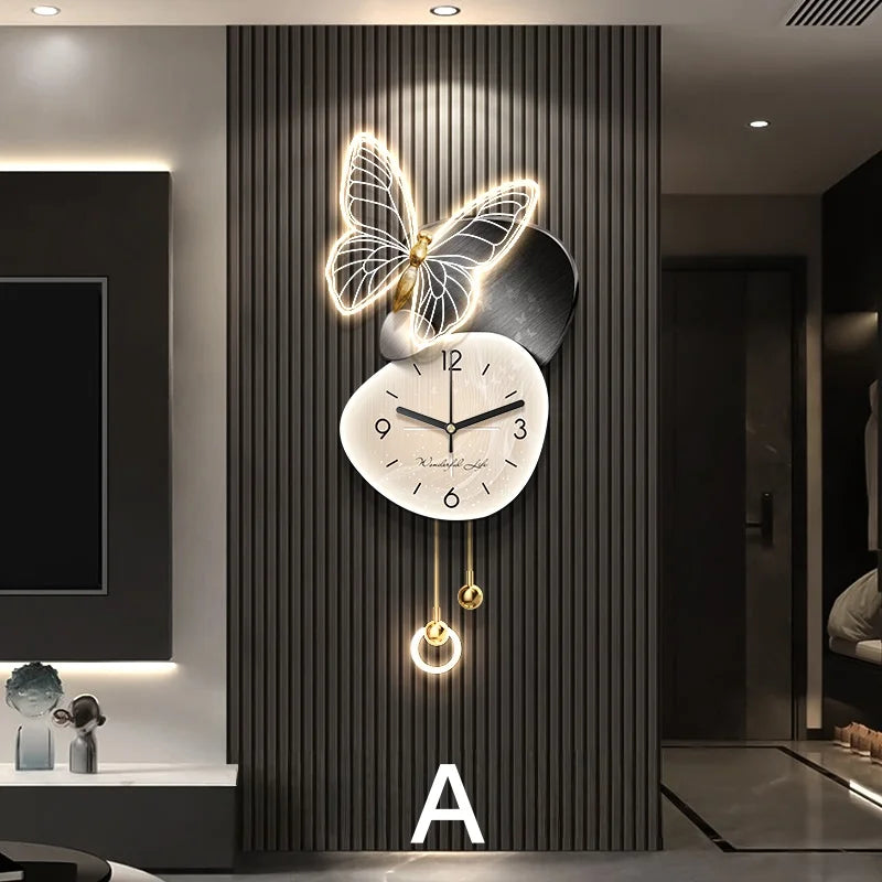 Living Room Foyer Creative Clock Butterfly LED Mural Lights TV Background Wall Entrance Decoration Painting Hanging Painting