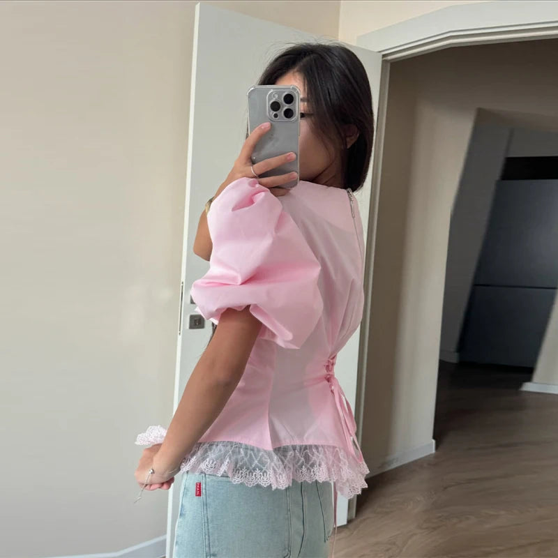 Women Round Neck Puff Sleeve Blouse Solid Lace Trim Asymmetrical Hem Slim Fit Shirt 2026 Spring Summer Chic Elegant Casual Top