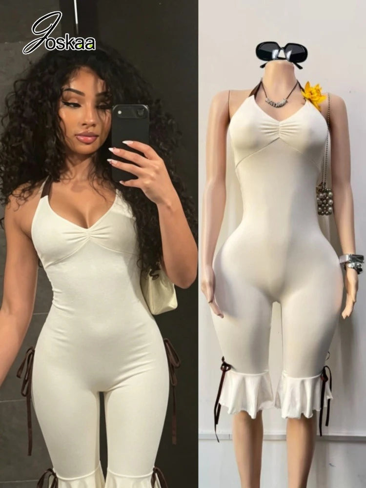 Joskaa Bowknot Decorate Halter Apricot Jumpsuit Women Hipster Sexy V-neck Backless Bandage Skinny Rompers Beach Holiday Clubwear