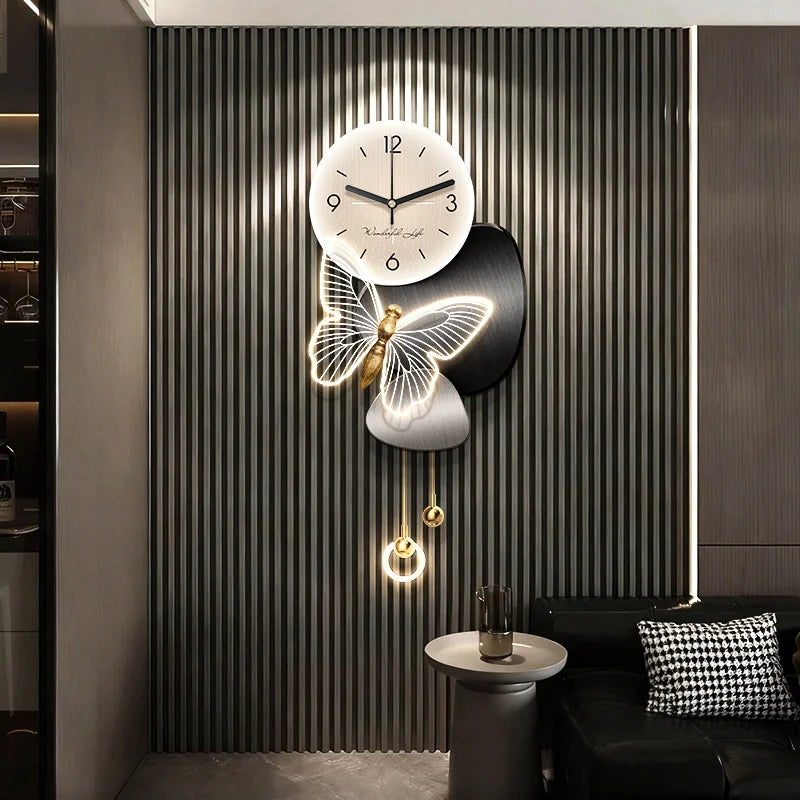 Living Room Foyer Creative Clock Butterfly LED Mural Lights TV Background Wall Entrance Decoration Painting Hanging Painting