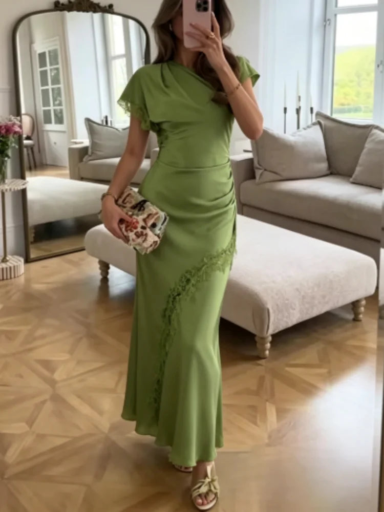 Women Elegant Green Satin Maxi Dress Lace Slit Asymmetric High Neck Draped One-sleeve Slim Fit Lgown Formal Evening Party Outfit