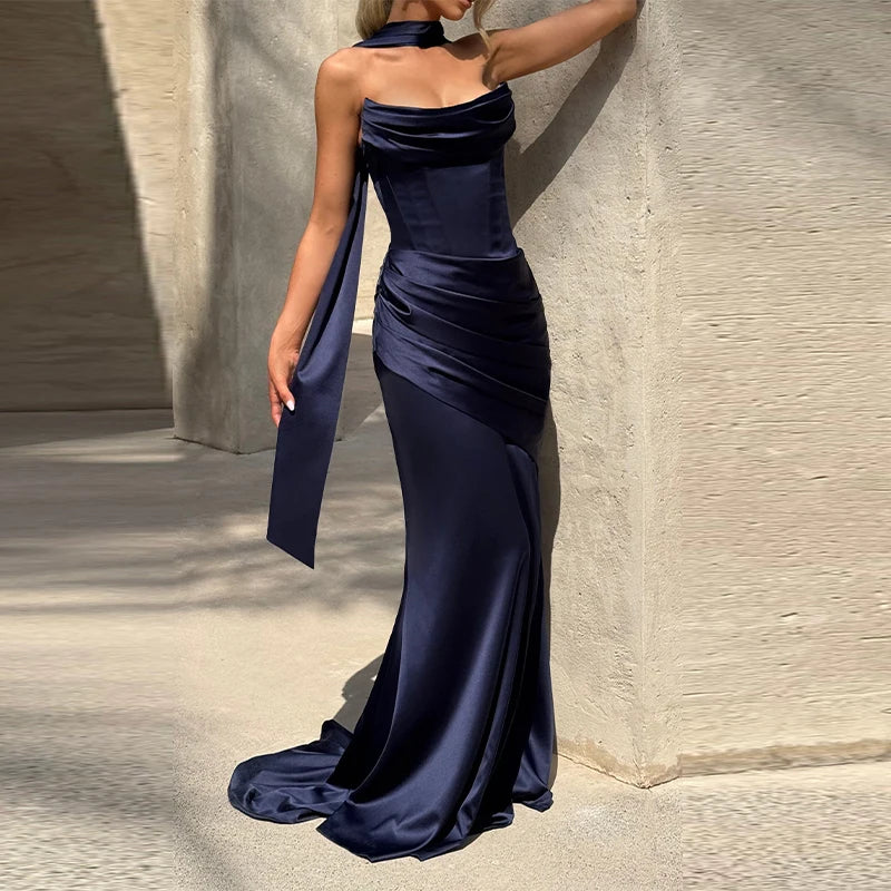 Women Sexy Pleated Strapless Satin Dress Chic Solid Off-Shoulder Backless High Waist Bodycon Dresses 2026 New Evening Party Gown