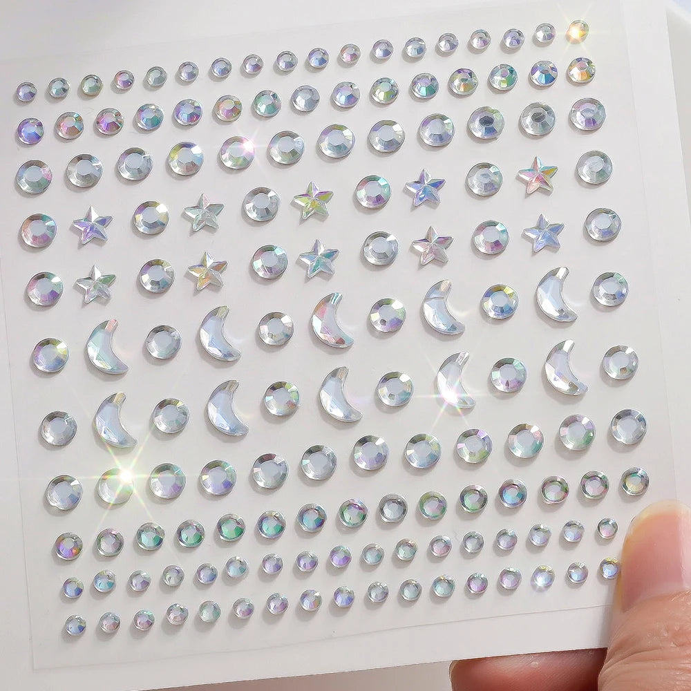 1pc 3D Y3K Silver Aurora Moon Star Face Gems Jewels Rhinestone Stickers Self Adhesive Crystal Makeup Diamonds Tattoos Decoration