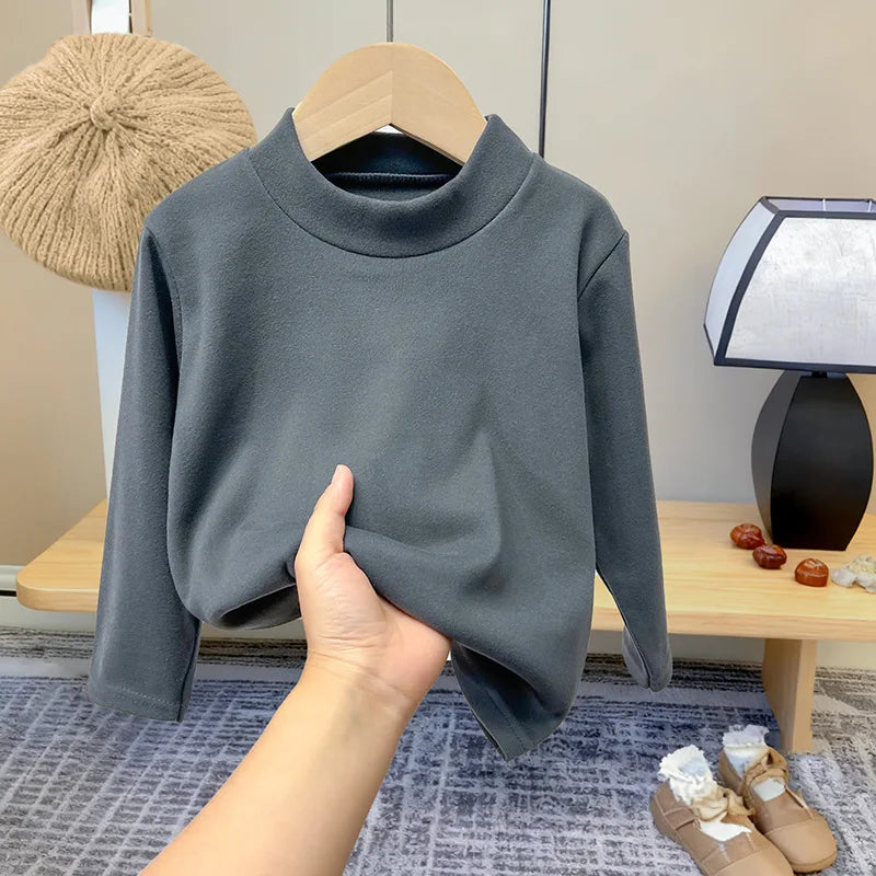 Winter Baby Warm Top Boys Girls Velvet Inner Solid Color Bottom Children's Half High Collar Long Sleeve T-shirt Kids Clothes CB DROPSHIPPING