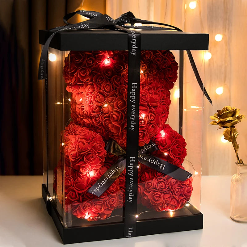 Rose Bear With Box Lights Valentine Gifts Decoration Artificial Flower Teddy Bear for Women/Girlfriend Love Flower Birthday Gift