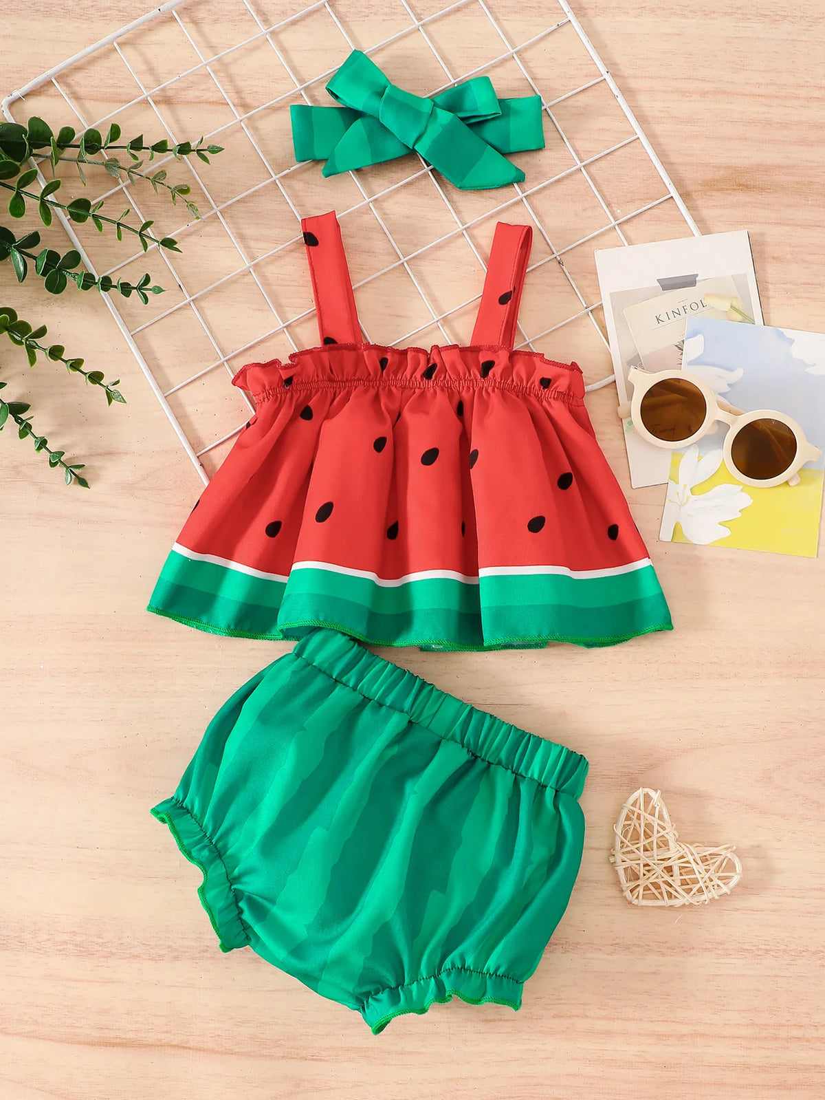 Baby Girl Watermelon Three-Piece Set: Suspender Dress, Shorts, Headband, Summer Cute Fruit-Themed Outfit CB DROPSHIPPING