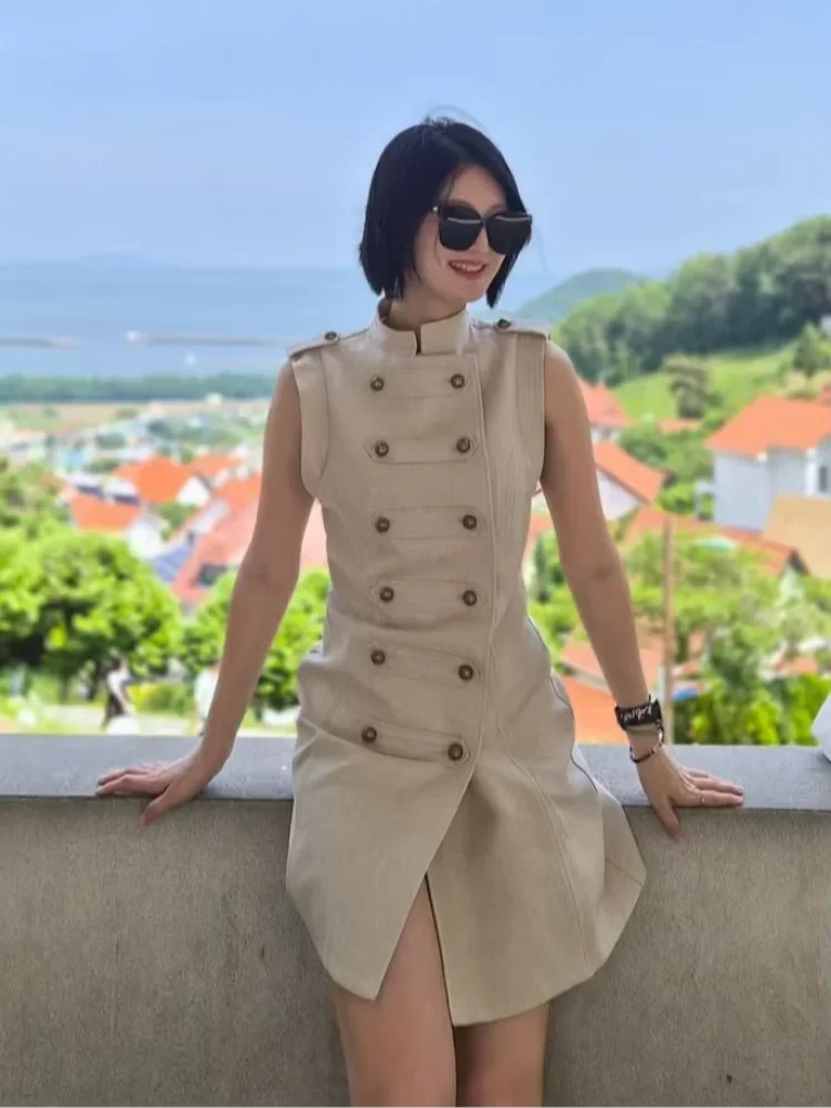Women Stand Collar Double Breasted Mini Dress Sleeveless Elegant Casual Slim Fit Short Robe Lady Office New Dresses 2026 Summer