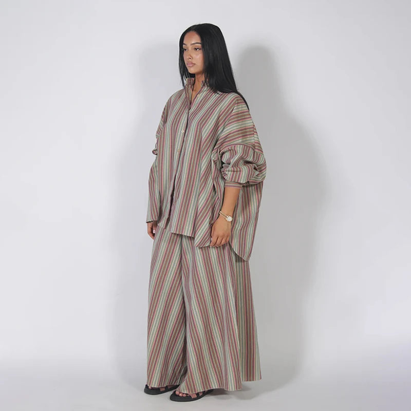 Fashion Stripe Long Pants Set Women Chic Lapel Single Breasted Shirt High Waist Wide Leg Trousers 2026 Spring New 2 Pcs Outfits
