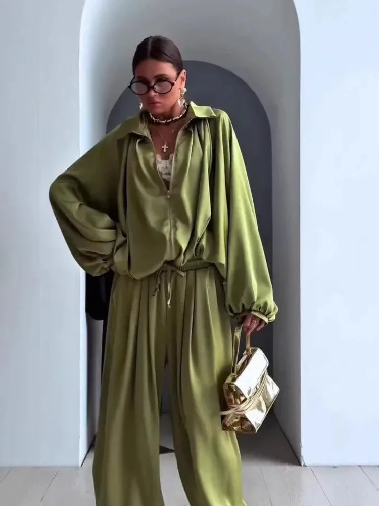 LGRQ Women's Casual Two-piece Set Fashion Lapel Long Sleeved Cardigan Jacket Elastic Waistband Tied Pants 2026 Summer 19DB1008