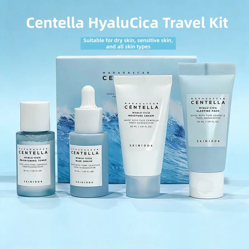 Centella HyaluCica Travel Kit,Brightening Toner, Blue Ampoule Serum,Night Sleeping Pack and Moisturizer Cream Skincare Mini Set CB DROPSHIPPING