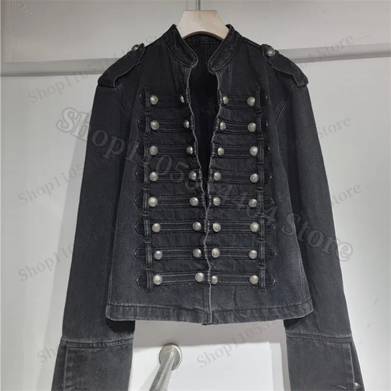 Spring Autumn Vintage Blue Slim Short Jeans Jacket Women Stand Collar Multi-breasted Design Long Sleeve Denim Jacket  Streetwear