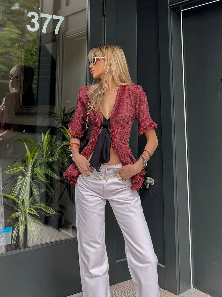 Vintage Fringed Fitted Shirts Women V Neck Short Sleeves Lace Up Ruffles Blouse Female 2026 Summer New Chic Fashion Tops Lady