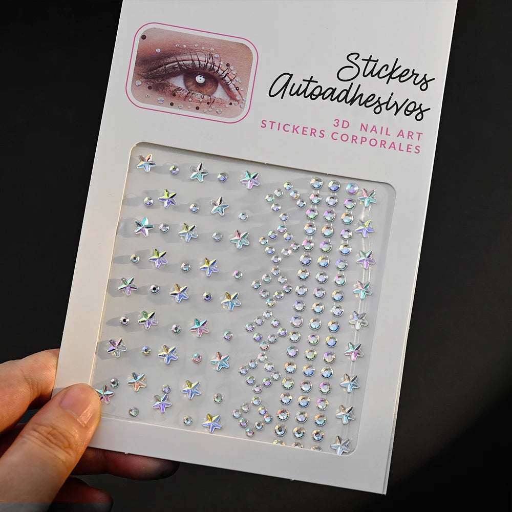 1pc 3D Y3K Silver Aurora Moon Star Face Gems Jewels Rhinestone Stickers Self Adhesive Crystal Makeup Diamonds Tattoos Decoration