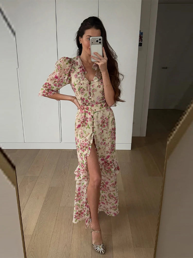 Elegant Floral Printed Woman Summer Dress V-neck Puff Sleeve Split Maxi Dresses For Women Fashion 2026 Women's Casual Gown New