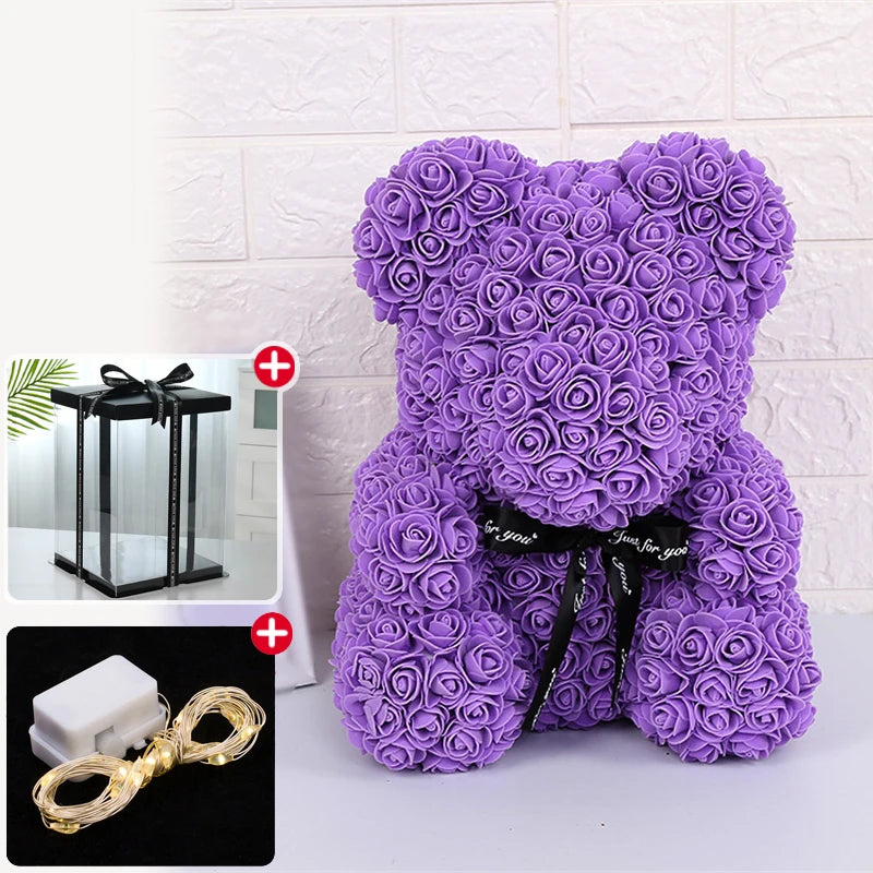 Rose Bear With Box Lights Valentine Gifts Decoration Artificial Flower Teddy Bear for Women/Girlfriend Love Flower Birthday Gift