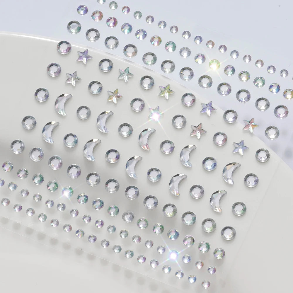 1pc 3D Y3K Silver Aurora Moon Star Face Gems Jewels Rhinestone Stickers Self Adhesive Crystal Makeup Diamonds Tattoos Decoration